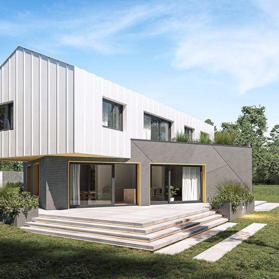 Nowoczesna rezydencja z tarasem i geometryczną elewacją ogrodową