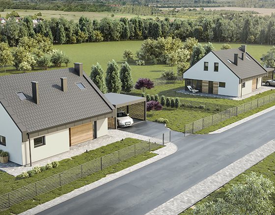 Zespół nowoczesnych domów jednorodzinnych w zielonym otoczeniu