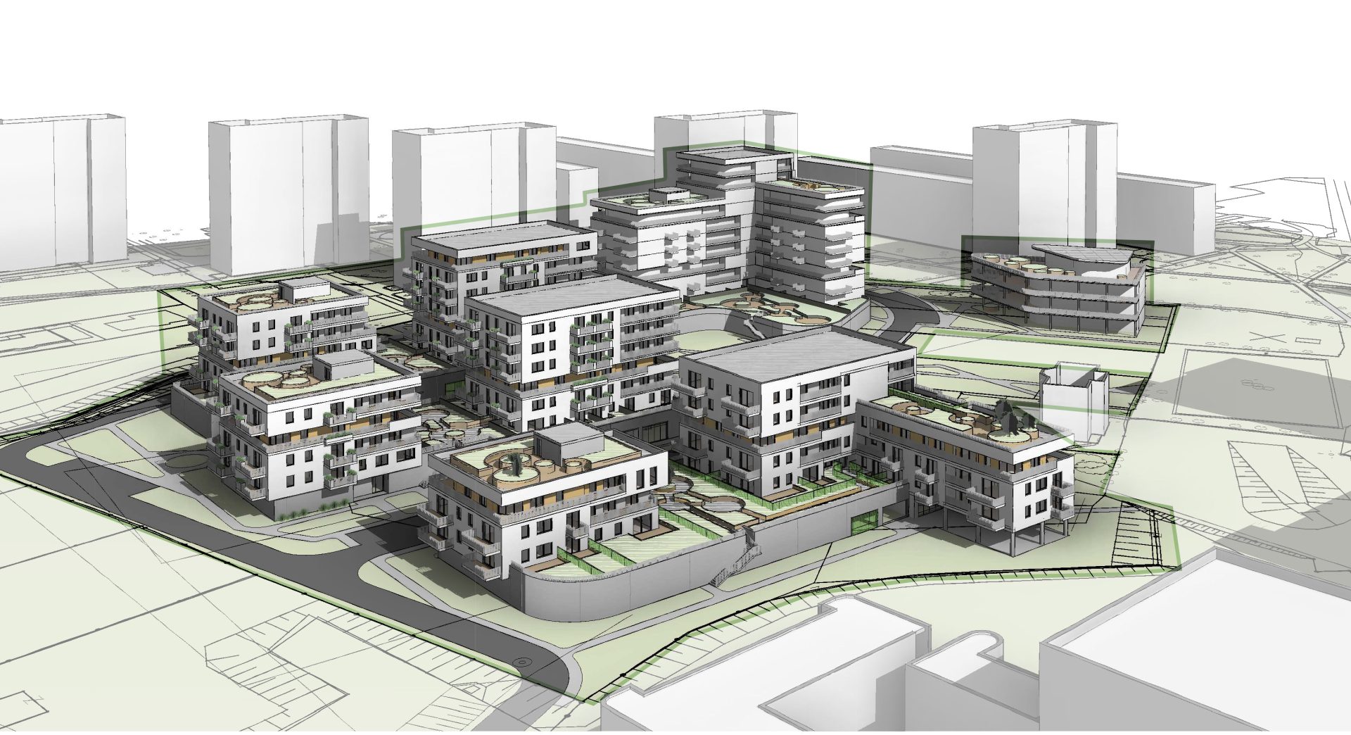 Zespół budynków mieszkalnych wielorodzinnych – widok koncepcyjny z układem tarasów i balkonów