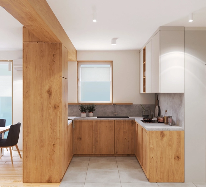 Drewniano-biała kuchnia z szafkami z profilami i kamiennym blatem – nowoczesne wnętrze