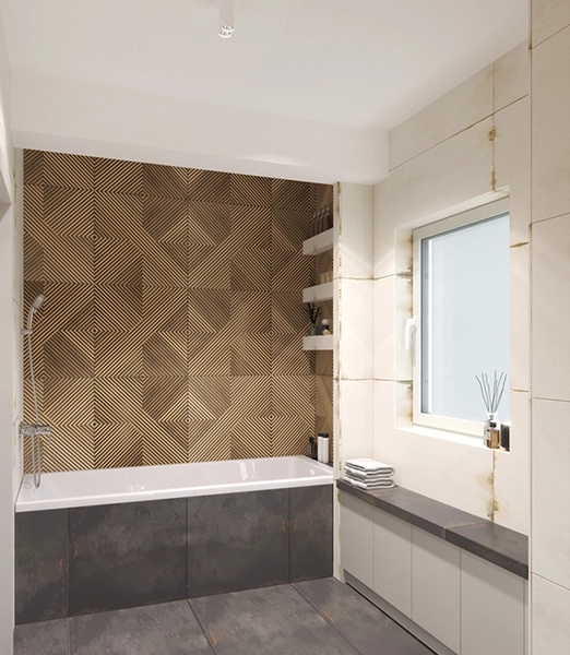 łazienka z wanną, ciemną podłogą i drewnianą ścianą – projekt domu z poddaszem