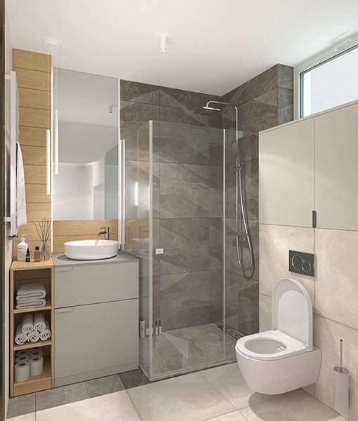 Minimalistyczna łazienka z prysznicem – płytki betonopodobne i drewniane w nowoczesnym projekcie domu