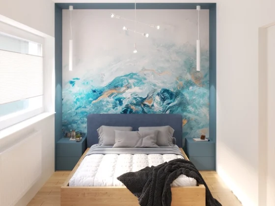 minimalistyczna sypialnia z przesuwną szafą i abstrakcyjną tapetą – nowoczesne wnętrze dla pary.