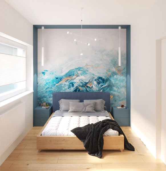 minimalistyczna sypialnia z przesuwną szafą i abstrakcyjną tapetą – nowoczesne wnętrze dla pary.