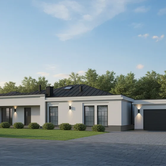 Nowoczesna elewacja frontowa domu parterowego z garażem dwustanowiskowym wolnostojącym. Wykończenie w jasnoszarym tynku.