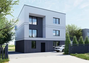 Nowoczesna bryła domu po przebudowie kostki z lat 70. – widok od strony wjazdu