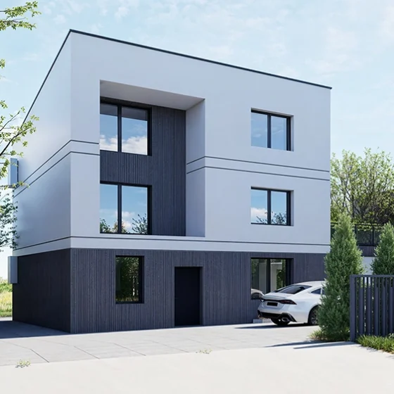 Nowoczesna bryła domu po przebudowie kostki z lat 70. – widok od strony wjazdu