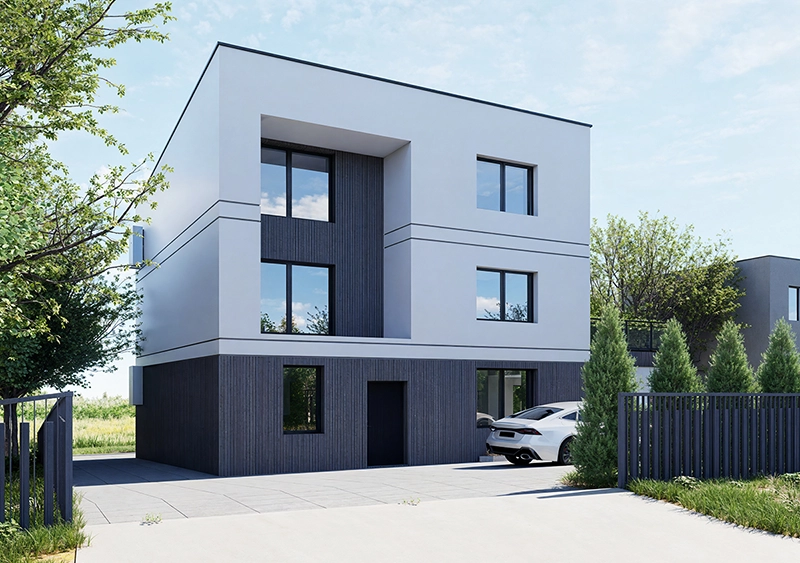 Nowoczesna bryła domu po przebudowie kostki z lat 70. – widok od strony wjazdu