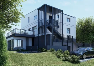 Tylny widok nowoczesnej rozbudowy domu – nowe tarasy, klatka schodowa, przeszklenia