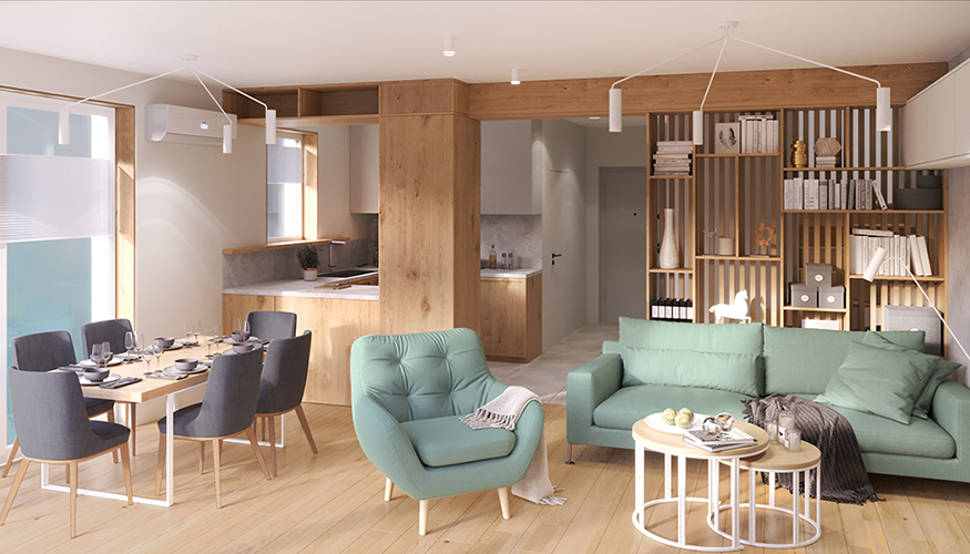 wąski salon z jadalnią i lamelową zabudową – nowoczesny projekt domu, bliźniaka