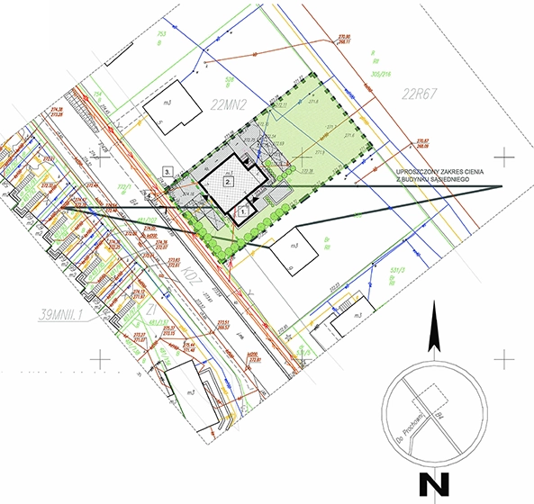 Plan zagospodarowania terenu dla inwestycji przebudowy domu jednorodzinnego typu kostka z lat 70.