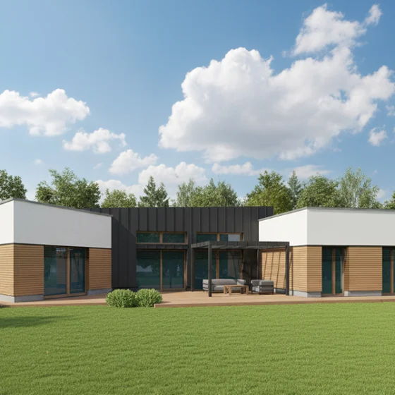 Elewacja ogrodowa budynku pasywnego parterowego.