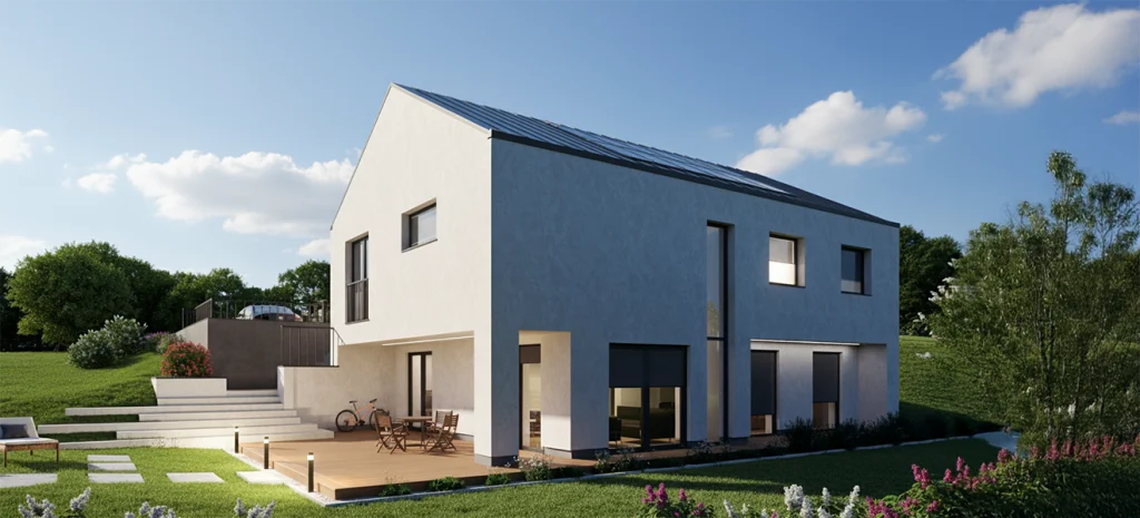 Dzienne ujęcie domu jednorodzinnego wpisanego w skarpę z podświetlonym tarasem i przeszkleniami