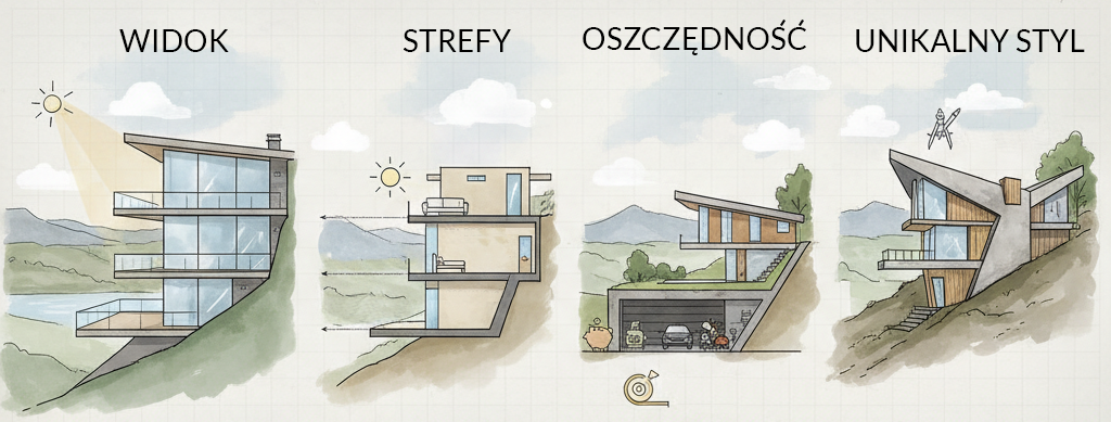 Schemat zalet domu w spadku - widoki, strefy, oszczędność, styl.