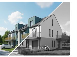 Projekt domu indywidualnego z ceglanymi wykuszami i złotymi barierkami.