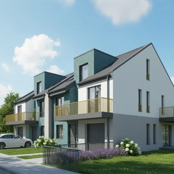 elewacja frontowa nowoczesnego domu bliźniaka na małej działce z garażem i balkonami